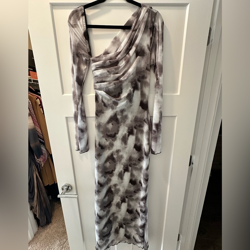 Elegant Gray Tie-Dye One-Shoulder Dress